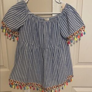 Entro Blue Striped Blouse with Colorful Tassels
